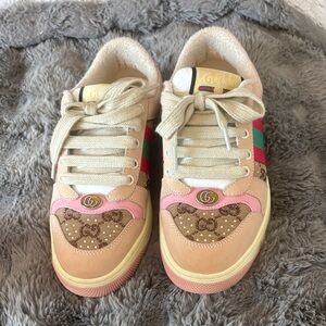 Beige and Pink Lace-Up Sneakers